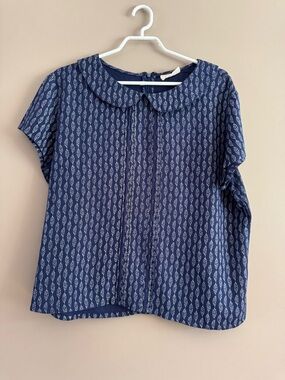 White Leaf Print Peter Pan Collar short sleeves Navy Blouse - Size 20UK (16US)